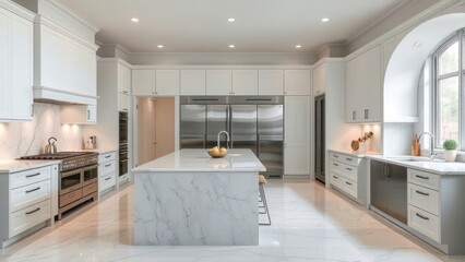 modern kitchen interior with fireplace