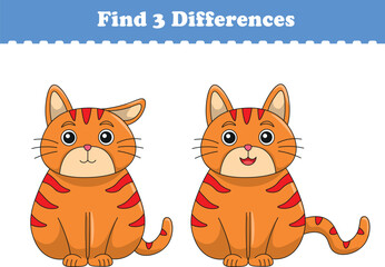Education game for children find three differences between two cats animal cartoon. Vector illustration