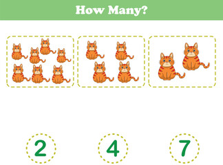 Counting game of wild animals for preschool kids. Counting cats. Printable. Vector Illustration