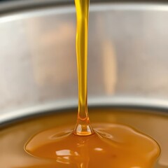 A stream of golden syrup flows down a metal surface, pours, flowing liquid, drips