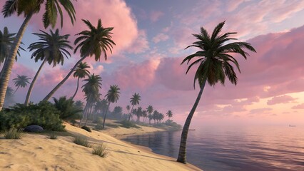 Tropical Beach Paradise: Pink Sky and Palm Trees
