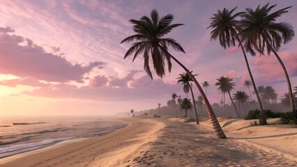 Tropical Beach: Palm Trees Under a Pink Sky

