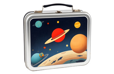 A vintage tin lunchbox with a space theme