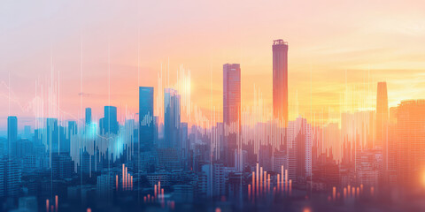 city skyline at sunset with financial graphs overlaying scene