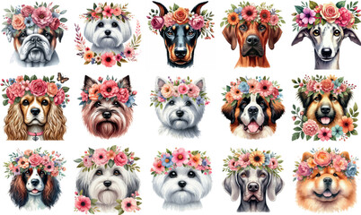 Fototapeta premium A set of Cute Dogs with Floral Crowns Vector Art