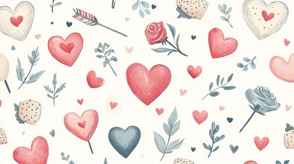 Romantic vector seamless pattern with cake, hearts, arrows,vine, rose in vintage style. Cute wedding hand drawn background. Valentine's Day pink elements on red background
