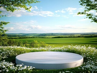 Romantic Pastel Spring Background. Serene landscape with a circular platform