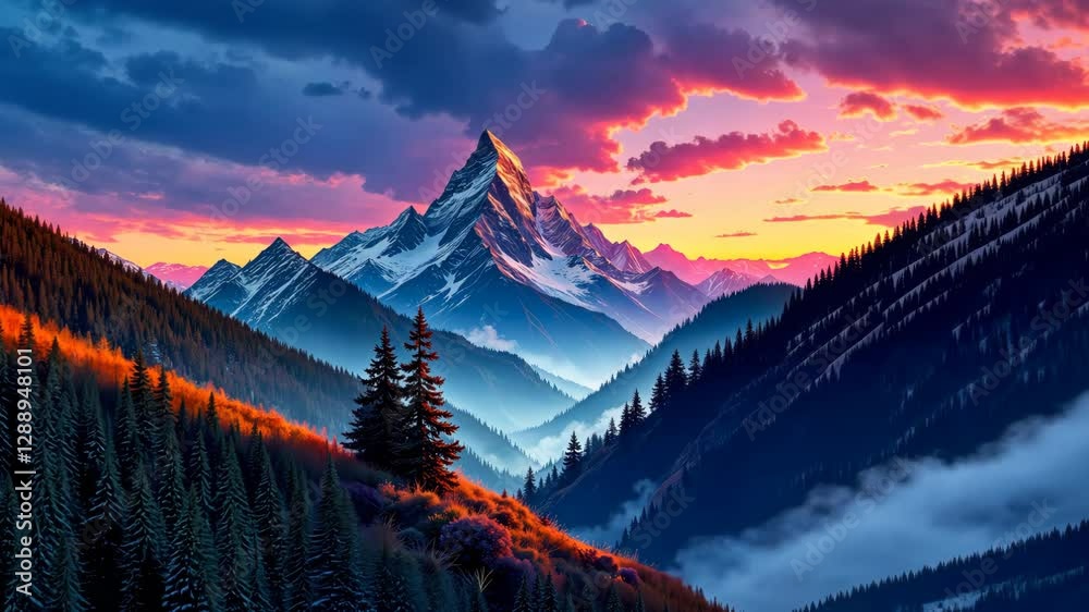 Poster a mountain range with a large mountain in the background. the mountain is covered in snow. the sky i
