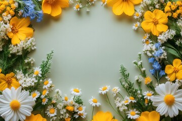 Obraz premium Vibrant floral arrangement featuring daisies and yellow flowers on a light green background in a decorative design suitable for celebrations or events