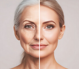 Mature woman posing before and after facelift, with face fitness results, showcasing plastic surgery transformation, against a neutral background