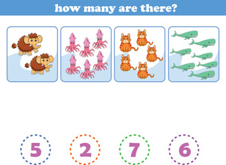 Counting game of wild animals for preschool kids. Printable. Vector Illustration