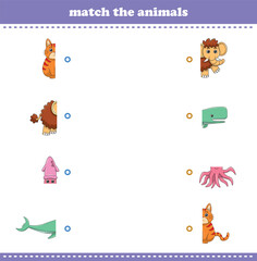 Match halves of cute cartoon wildlife animals. Logical game for kids