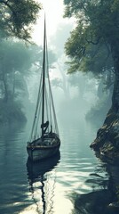 Sailboat in the Mist with Reflection on Calm Water