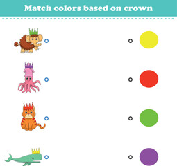 Match the color of the animal's crown. Educational game for color recognition