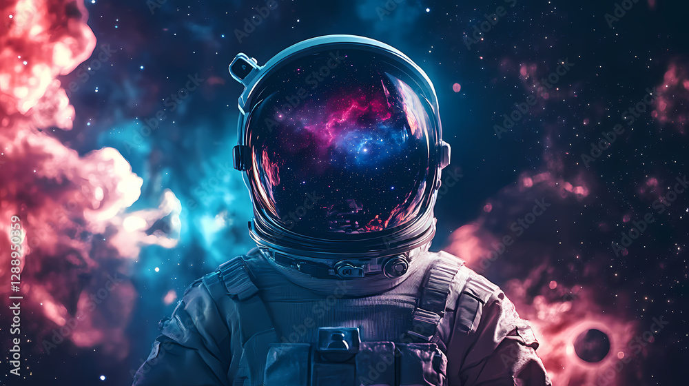 Wall mural front view astronaut potrait. astronaut in space suit with galaxy and nebula reflection in helmet gl