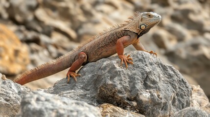 iguana climbing up a stone