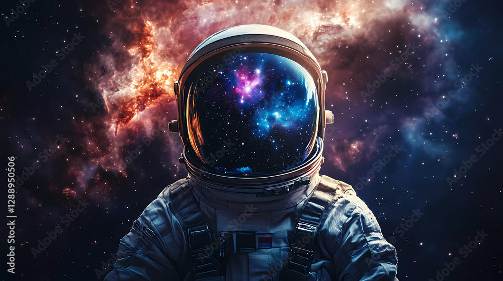 Wall mural front view astronaut potrait. astronaut in space suit with galaxy and nebula reflection in helmet gl