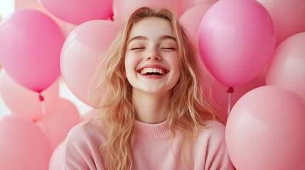 Obraz premium Portrait of a satisfied excited laughing girl among pink helium balloons enjoying happy moment life