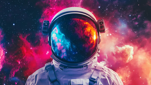 Futuristic astronaut helmet reflecting vibrant cosmic scene, showcasing colorful nebulae and stars, exuding a sense of exploration and wonder. Cosmic Astronaut Reflection. Illustration