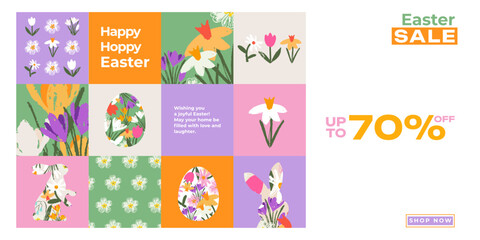 Modern Easter banner with spring flowers, eggs and Easter bunny. Floral designe template for web, ads, promo, sales