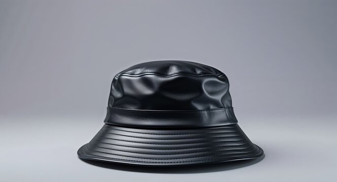 Black Leather Bucket Hat on Gray Background with Copy Space