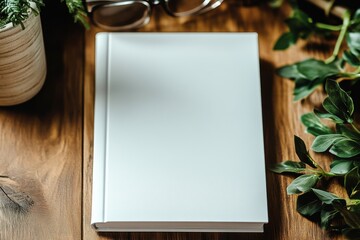 Blank sketchbook resting on a wooden table surrounded by greenery and glasses during a cozy indoor setting