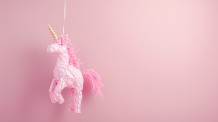Colorful unicorn pinata hanging against a pink wall, ideal for a festive celebration or children's party decorated with whimsical themes