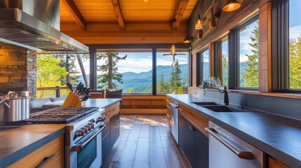 A spacious modern kitchen with high-end appliances, set in a mountain retreat with incredible panoramic vistas.