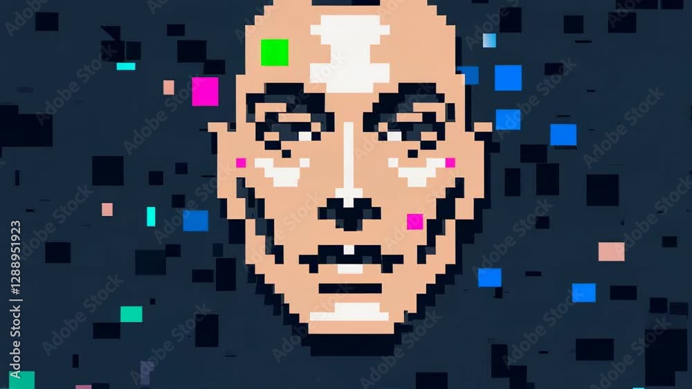 Aufkleber Artificial intelligence concept art featuring a pixelated android face glitching against a dark, pixelated background with colorful, random squares in slow motion