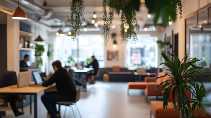 Beautiful blurred background of a modern office interior in gray tones with panoramic windows, glass partitions and orange color accents.
