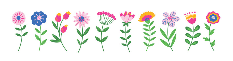Bright decorative flowers set. Spring hand drawn floral collection. Vector illustrations isolated on white background.