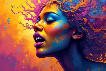 Vibrant Colorful Woman Portrait Art, Abstract Face and Hair, Artistic Portrait