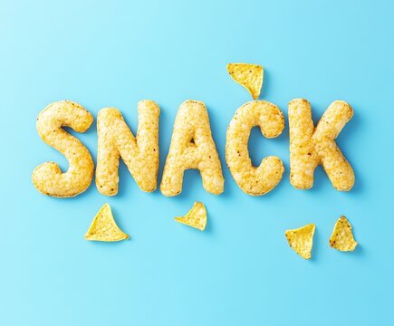 Colorful snack arrangement spells out snack with crispy chips on a bright blue background during daytime