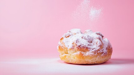 A freshly baked pastry dusted with powdered sugar on a pink background