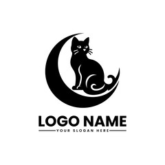 Obraz premium Cat Sitting on the Moon | Starry Night Vector Logo | Mystical Feline Illustration