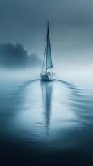 Sailboat in the Mist with Reflection on Calm Water