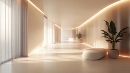 A futuristic illuminated corridor with a sleek, modern interior. 3D rendering. 