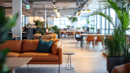 Beautiful blurred background of a modern office interior in gray tones with panoramic windows, glass partitions and orange color accents.