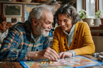 Fototapeta premium Portrait of a blissful caucasian couple in their 50s playing a board game