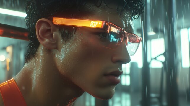 Athlete wearing augmented reality glasses is sweating in futuristic gym