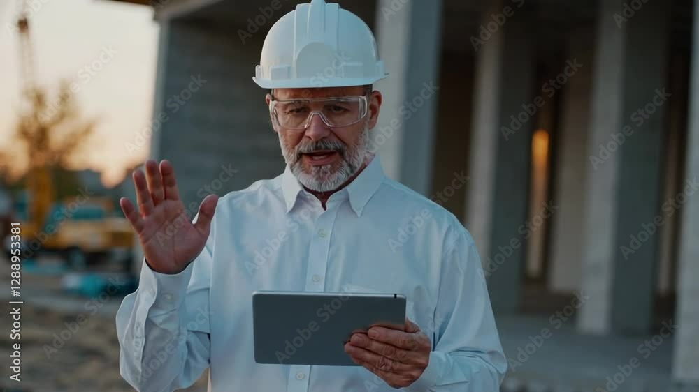 Aufkleber Experienced engineer wearing safety helmet and glasses using tablet and gesturing while explaining project details at construction site in slow motion