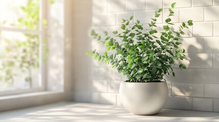 Fototapeta premium Bright Indoor Plant in Modern Pot with Sunlit Window View