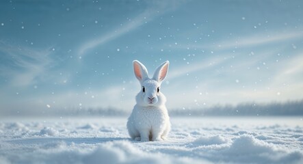 White rabbit sits in snow with snowy landscape and blue sky