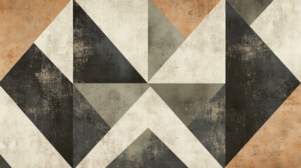 A geometric pattern with large triangles, solid shapes in frames, and a seamless olive cream color scheme