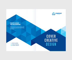Cover for presentation, catalog, annual report, creative abstract design, blue triangle background