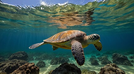 Obraz premium An endangered Hawaiian Green Sea Turtle cruises in the warm shallow waters of the Pacific Ocean on the North Shore of Oahu, Hawaii.