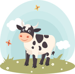 Cow. Farm animals with landscape - cute cartoon vector illustration