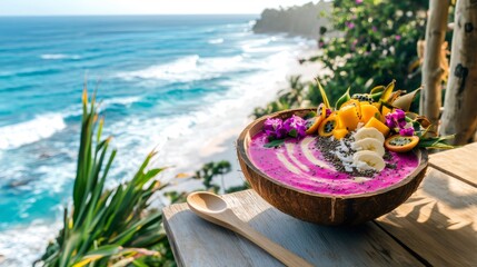 Vibrant smoothie bowl with exotic fruits overlooking a tropical beach