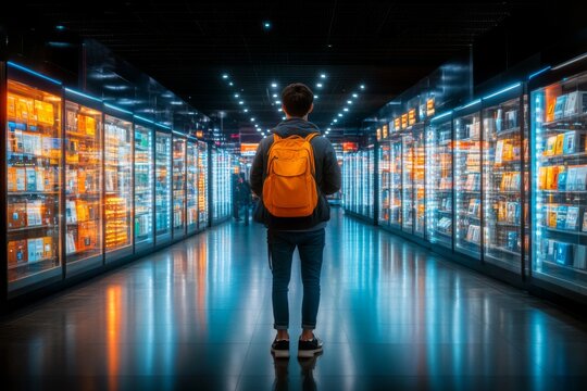 Exploraci&oacute;n de pasillo de productos electr&oacute;nicos iluminados en tienda moderna