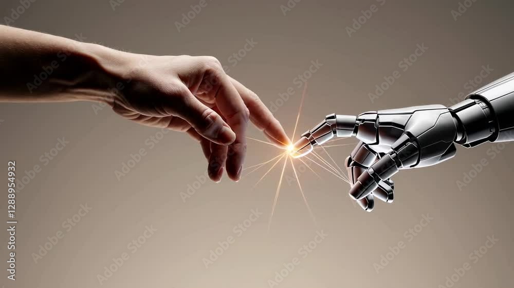 Poster robotic and human hand index fingers nearly touching, generating luminous energy spark against white